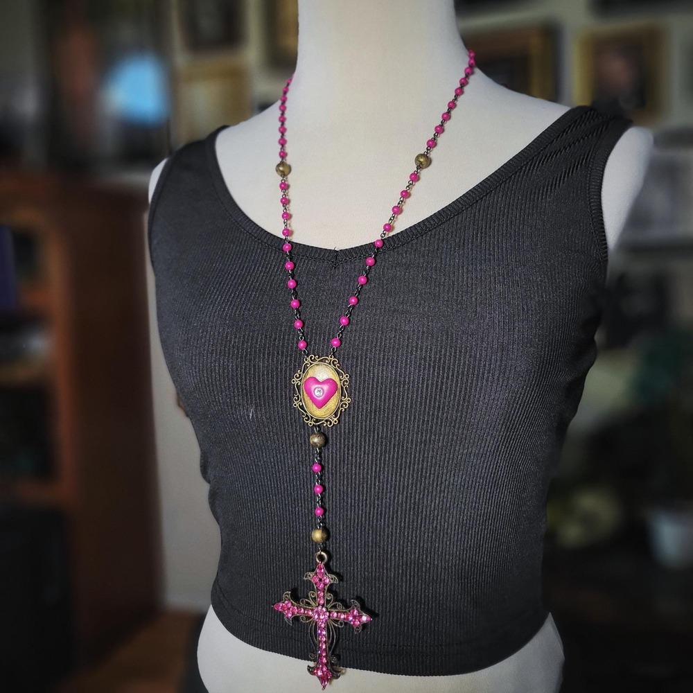 Handmade Hot‎ Pink Rosary Necklace Polymer Clay Swarovski Cross Gothic